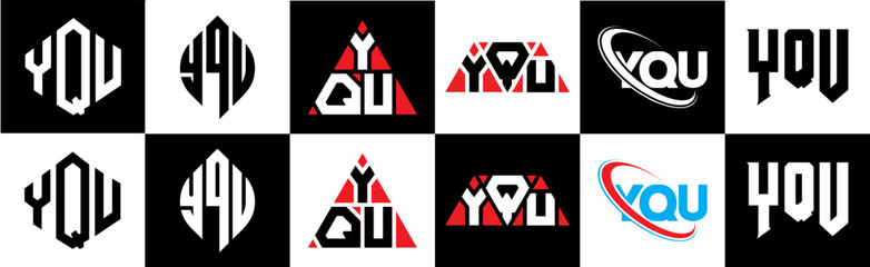 YQU letter logo design in six style. YQU polygon, circle, triangle, hexagon, flat and simple style with black and white color variation letter logo set in one artboard. YQU minimalist and classic logo