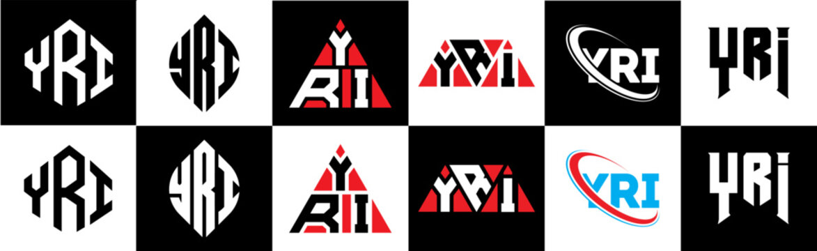 YRI letter logo design in six style. YRI polygon, circle, triangle, hexagon, flat and simple style with black and white color variation letter logo set in one artboard. YRI minimalist and classic logo
