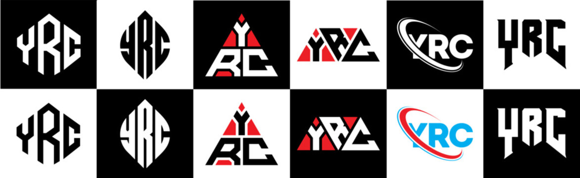 YRC letter logo design in six style. YRC polygon, circle, triangle, hexagon, flat and simple style with black and white color variation letter logo set in one artboard. YRC minimalist and classic logo