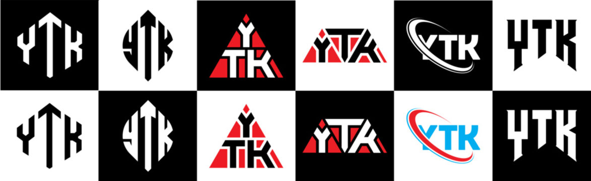 YTK letter logo design in six style. YTK polygon, circle, triangle, hexagon, flat and simple style with black and white color variation letter logo set in one artboard. YTK minimalist and classic logo