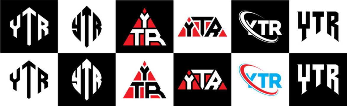 YTR letter logo design in six style. YTR polygon, circle, triangle, hexagon, flat and simple style with black and white color variation letter logo set in one artboard. YTR minimalist and classic logo