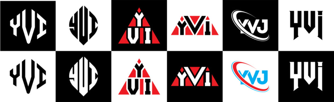 YVI letter logo design in six style. YVI polygon, circle, triangle, hexagon, flat and simple style with black and white color variation letter logo set in one artboard. YVI minimalist and classic logo