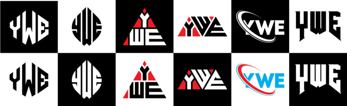 YWE letter logo design in six style. YWE polygon, circle, triangle, hexagon, flat and simple style with black and white color variation letter logo set in one artboard. YWE minimalist and classic logo