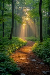 Sunlit path winds through lush green forest.