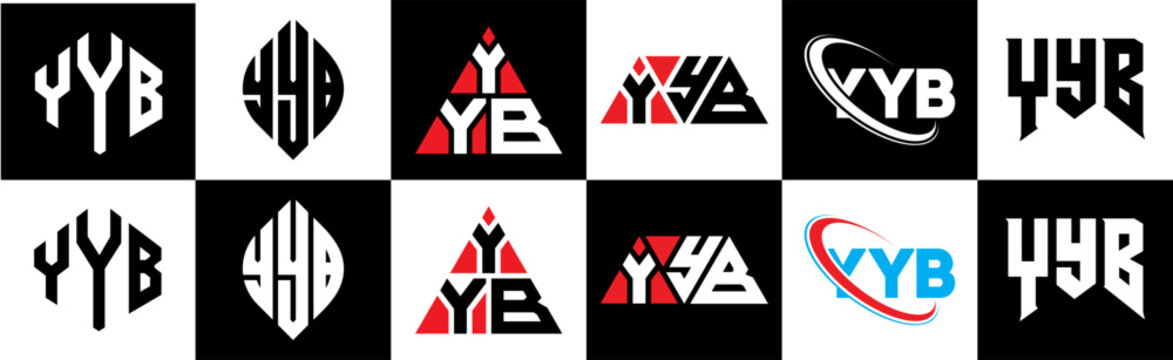 YYB letter logo design in six style. YYB polygon, circle, triangle, hexagon, flat and simple style with black and white color variation letter logo set in one artboard. YYB minimalist and classic logo