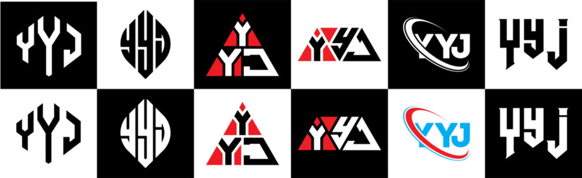 YYJ letter logo design in six style. YYJ polygon, circle, triangle, hexagon, flat and simple style with black and white color variation letter logo set in one artboard. YYJ minimalist and classic logo