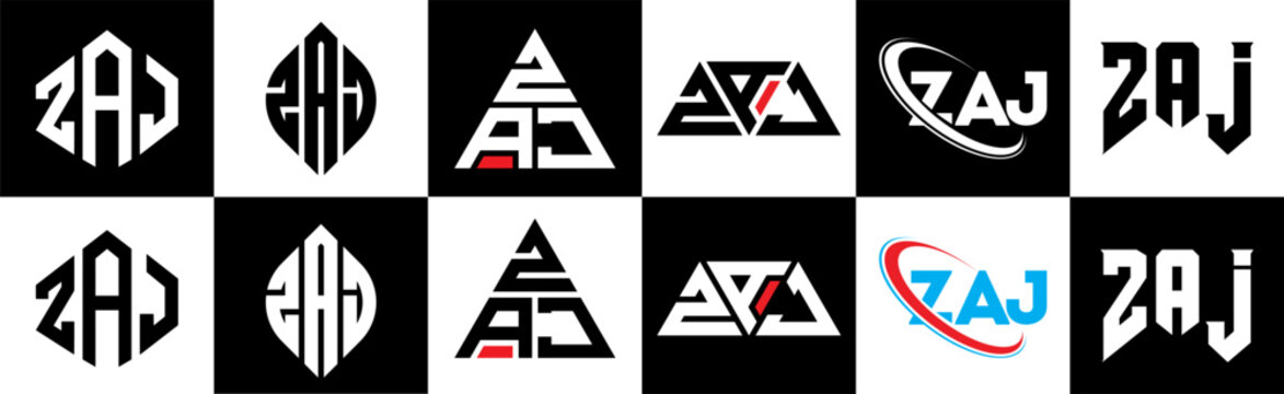 ZAJ letter logo design in six style. ZAJ polygon, circle, triangle, hexagon, flat and simple style with black and white color variation letter logo set in one artboard. ZAJ minimalist and classic logo