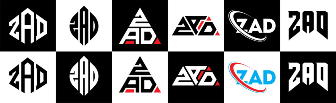 ZAD letter logo design in six style. ZAD polygon, circle, triangle, hexagon, flat and simple style with black and white color variation letter logo set in one artboard. ZAD minimalist and classic logo