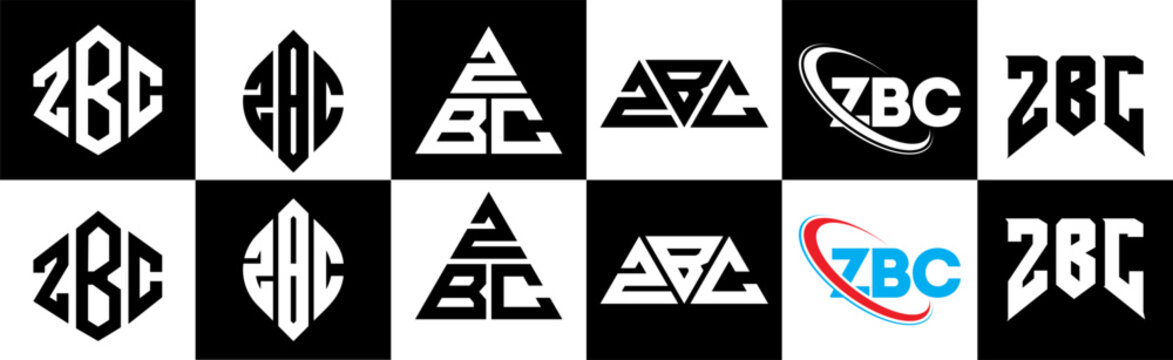 ZBC letter logo design in six style. ZBC polygon, circle, triangle, hexagon, flat and simple style with black and white color variation letter logo set in one artboard. ZBC minimalist and classic logo