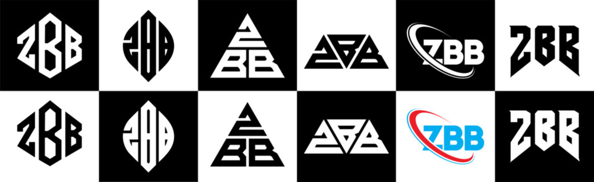 ZBB letter logo design in six style. ZBB polygon, circle, triangle, hexagon, flat and simple style with black and white color variation letter logo set in one artboard. ZBB minimalist and classic logo