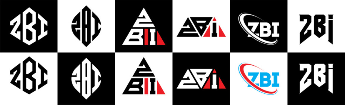 ZBI letter logo design in six style. ZBI polygon, circle, triangle, hexagon, flat and simple style with black and white color variation letter logo set in one artboard. ZBI minimalist and classic logo