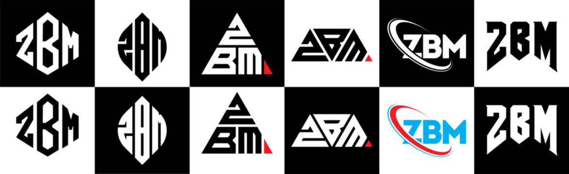 ZBM letter logo design in six style. ZBM polygon, circle, triangle, hexagon, flat and simple style with black and white color variation letter logo set in one artboard. ZBM minimalist and classic logo