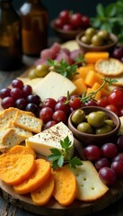 Overflowing table, colorful cheeses, crackers, olives , mediterranean, delicious, plate