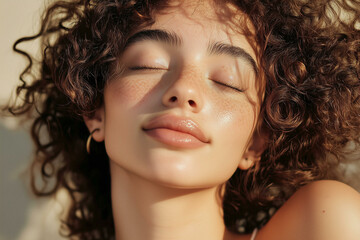 Portrait of woman with radiant skin. Beautiful girl with closed eyes enjoying the sun outdoors, female with natural makeup and healthy glow