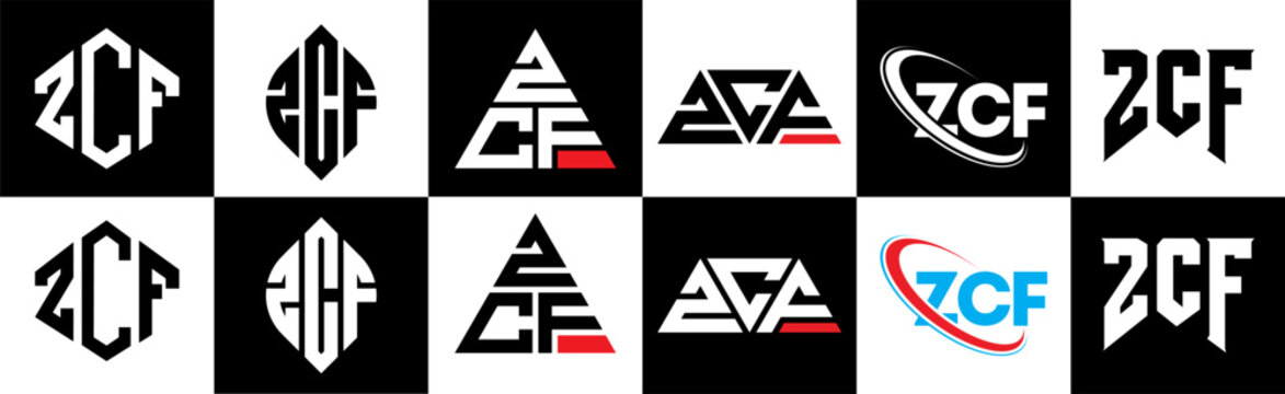 ZCF letter logo design in six style. ZCF polygon, circle, triangle, hexagon, flat and simple style with black and white color variation letter logo set in one artboard. ZCF minimalist and classic logo