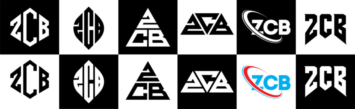 ZCB letter logo design in six style. ZCB polygon, circle, triangle, hexagon, flat and simple style with black and white color variation letter logo set in one artboard. ZCB minimalist and classic logo
