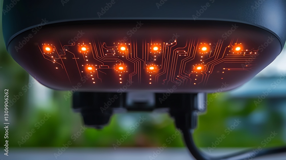 Poster close-up view of illuminated circuit board under a device showcasing intricate design and technology