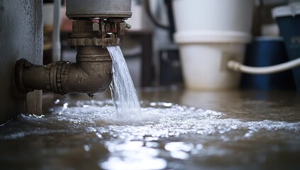 A sturdy pump with water flowing out of it, standing in the center of a rising flooded basement floor.