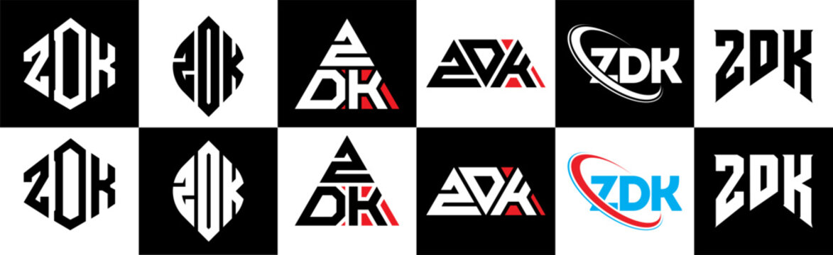 ZDK letter logo design in six style. ZDK polygon, circle, triangle, hexagon, flat and simple style with black and white color variation letter logo set in one artboard. ZDK minimalist and classic logo