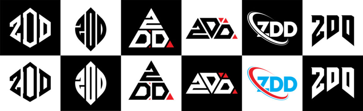 ZDC letter logo design in six style. ZDC polygon, circle, triangle, hexagon, flat and simple style with black and white color variation letter logo set in one artboard. ZDC minimalist and classic logo