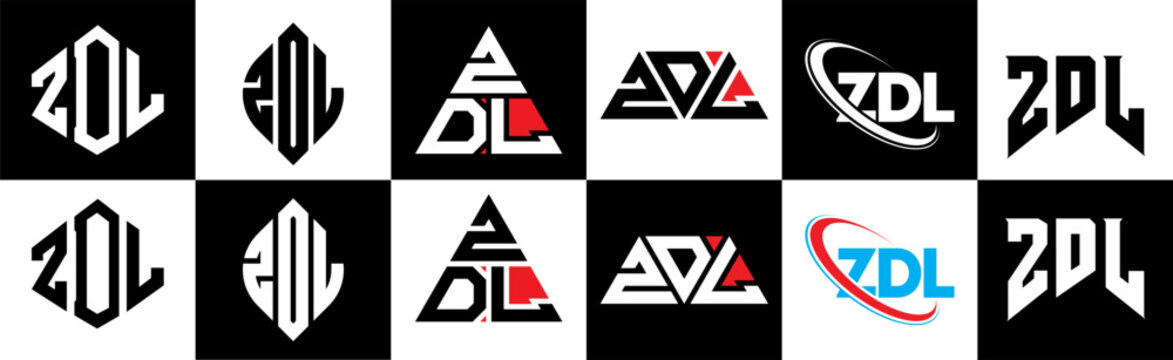 ZDL letter logo design in six style. ZDL polygon, circle, triangle, hexagon, flat and simple style with black and white color variation letter logo set in one artboard. ZDL minimalist and classic logo