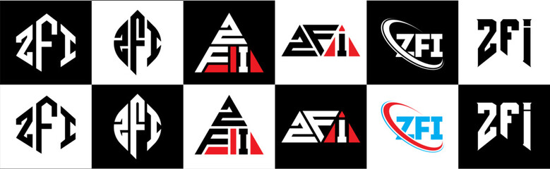 Obraz premium ZFI letter logo design in six style. ZFI polygon, circle, triangle, hexagon, flat and simple style with black and white color variation letter logo set in one artboard. ZFI minimalist and classic logo