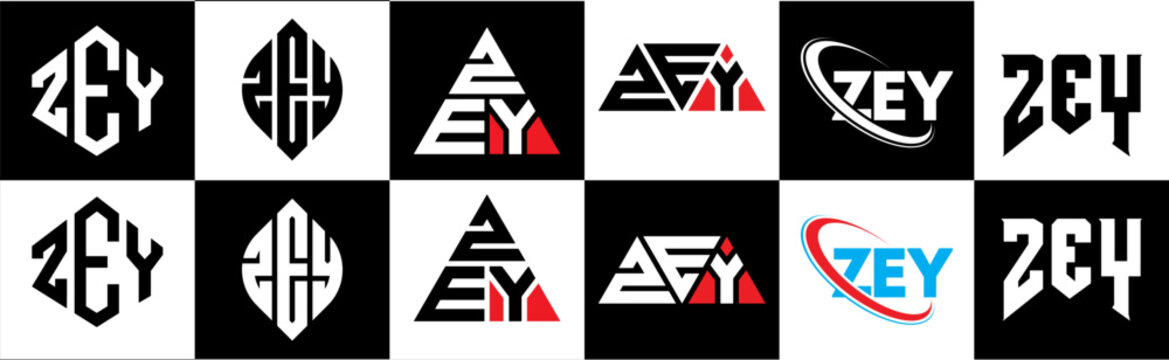 ZEY letter logo design in six style. ZEY polygon, circle, triangle, hexagon, flat and simple style with black and white color variation letter logo set in one artboard. ZEY minimalist and classic logo