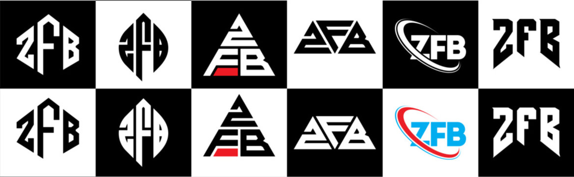 ZFB letter logo design in six style. ZFB polygon, circle, triangle, hexagon, flat and simple style with black and white color variation letter logo set in one artboard. ZFB minimalist and classic logo