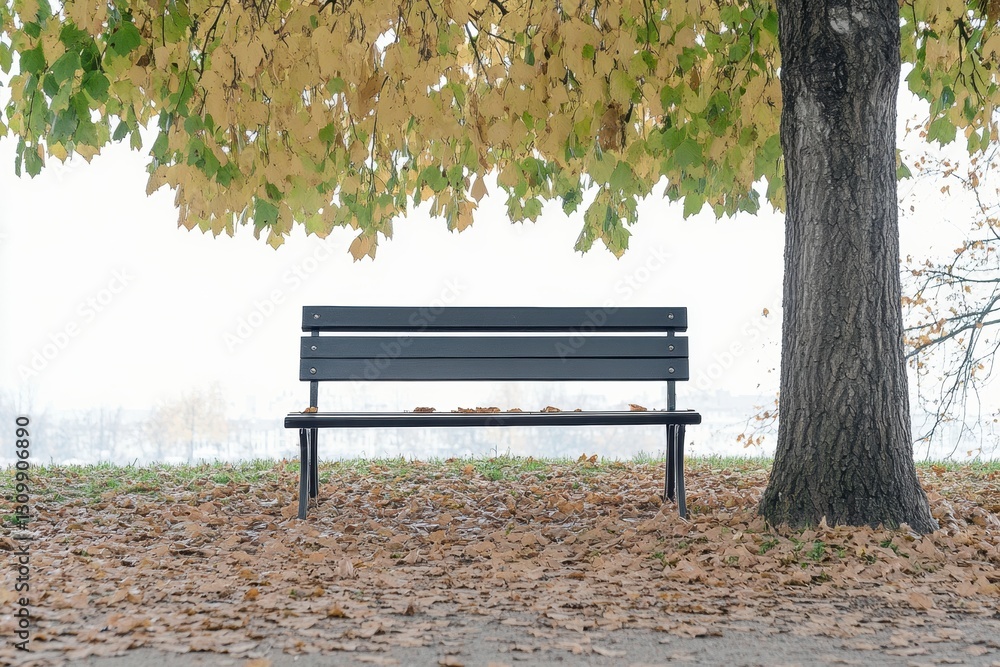 Poster Solitary bench under a tree in a park surrounded by golden autumn leaves with soft light and open space for text above Generative AI
