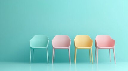 Obraz premium Four pastel-colored chairs arranged in a row against a light teal background, representing minimalist Scandinavian decor.