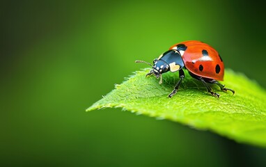 Naklejka premium Ladybug Resting On A Bright Green Leaf In Spring