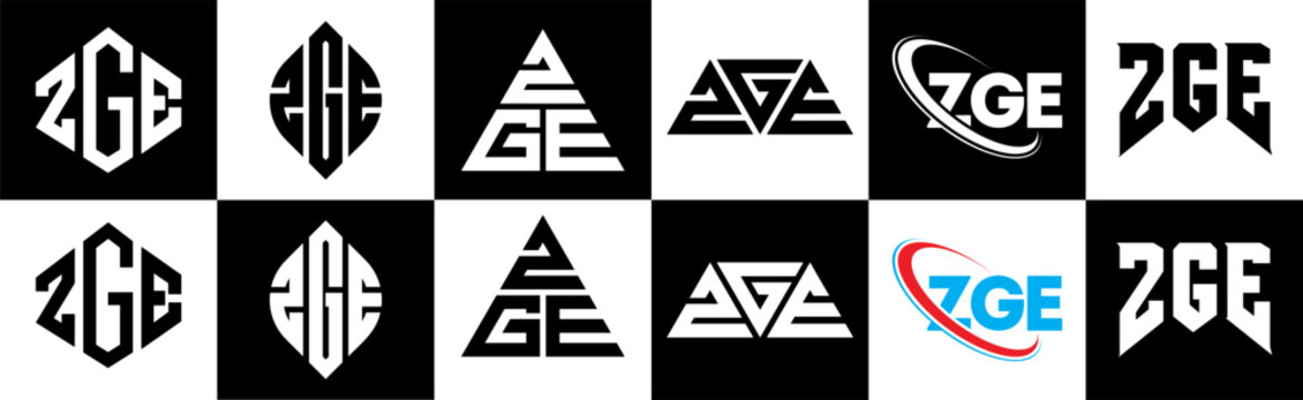 ZGE letter logo design in six style. ZGE polygon, circle, triangle, hexagon, flat and simple style with black and white color variation letter logo set in one artboard. ZGE minimalist and classic logo