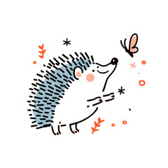 Happy hedgehog drawing, ornamental linework with natural motifs and butterfly