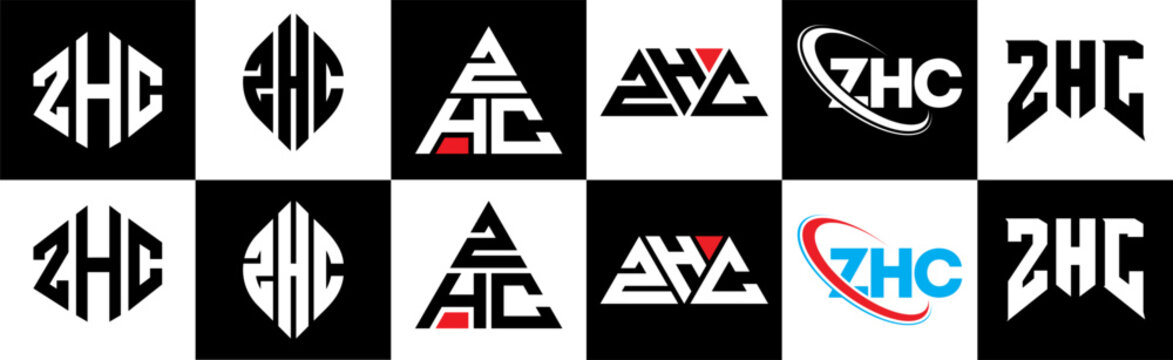 ZHC letter logo design in six style. ZHC polygon, circle, triangle, hexagon, flat and simple style with black and white color variation letter logo set in one artboard. ZHC minimalist and classic logo