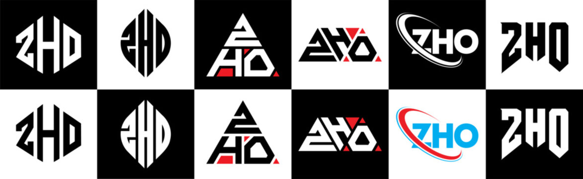 ZHO letter logo design in six style. ZHO polygon, circle, triangle, hexagon, flat and simple style with black and white color variation letter logo set in one artboard. ZHO minimalist and classic logo