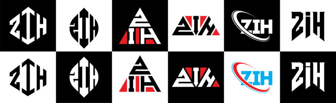 ZIH letter logo design in six style. ZIH polygon, circle, triangle, hexagon, flat and simple style with black and white color variation letter logo set in one artboard. ZIH minimalist and classic logo