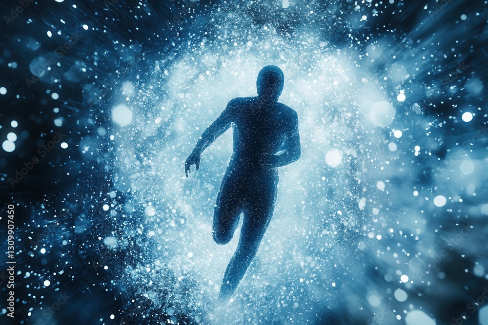 Poster futuristic representation of human silhouette among digital particles symbolizing artificial intelli