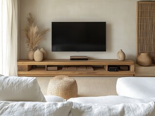 Modern Living Room Features Entertainment Center and Decorations Inside Home
