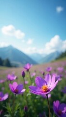 Obraz premium Purple flower field, solitary bloom foreground, focus, nature, landscape