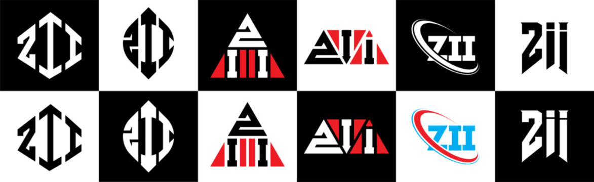 ZII letter logo design in six style. ZII polygon, circle, triangle, hexagon, flat and simple style with black and white color variation letter logo set in one artboard. ZII minimalist and classic logo