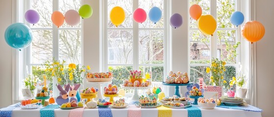 Obraz premium Bright and Joyful Easter Celebration with Colorful Decorations, Festive Treats, and Family Gatherings in a Lively Holiday Atmosphere