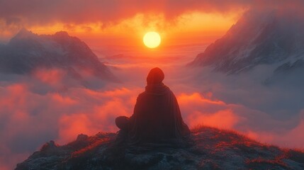 Obraz premium Serene sunset, cloaked figure meditates atop mountain peak.