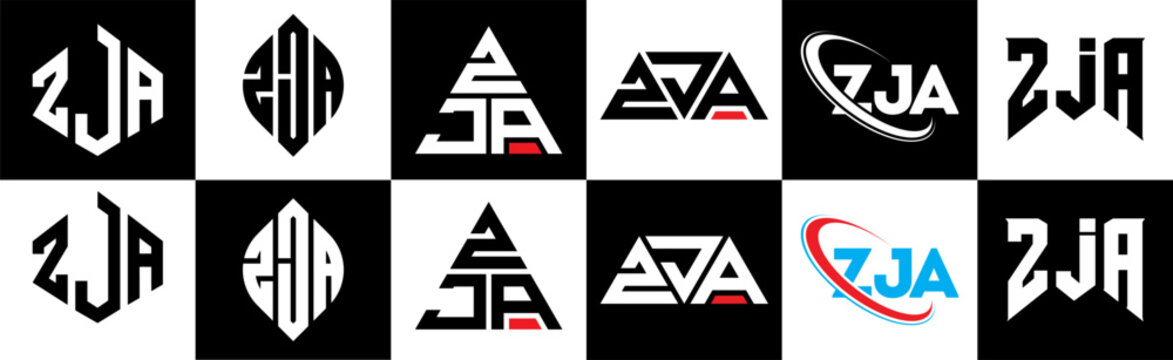ZJA letter logo design in six style. ZJA polygon, circle, triangle, hexagon, flat and simple style with black and white color variation letter logo set in one artboard. ZJA minimalist and classic logo
