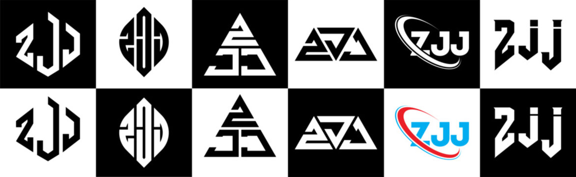 ZJJ letter logo design in six style. ZJJ polygon, circle, triangle, hexagon, flat and simple style with black and white color variation letter logo set in one artboard. ZJJ minimalist and classic logo