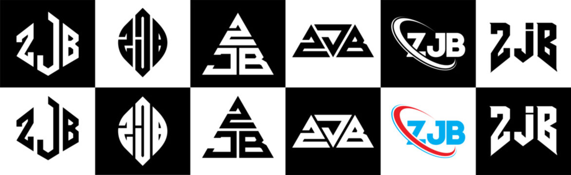 ZJB letter logo design in six style. ZJB polygon, circle, triangle, hexagon, flat and simple style with black and white color variation letter logo set in one artboard. ZJB minimalist and classic logo