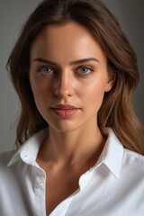 arafed woman with long hair and a white shirt looking at the camera