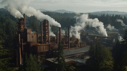 Fototapeta premium Industrial plant spewing smoke into the air, surrounded by forest