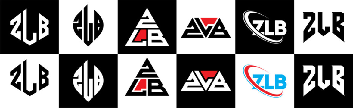 ZLB letter logo design in six style. ZLB polygon, circle, triangle, hexagon, flat and simple style with black and white color variation letter logo set in one artboard. ZLB minimalist and classic logo