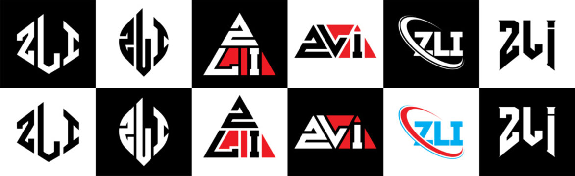ZLI letter logo design in six style. ZLI polygon, circle, triangle, hexagon, flat and simple style with black and white color variation letter logo set in one artboard. ZLI minimalist and classic logo