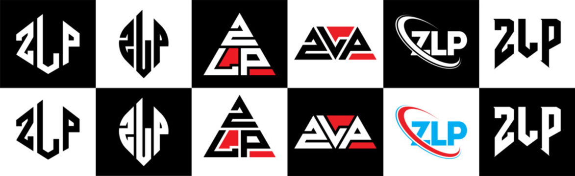ZLP letter logo design in six style. ZLP polygon, circle, triangle, hexagon, flat and simple style with black and white color variation letter logo set in one artboard. ZLP minimalist and classic logo